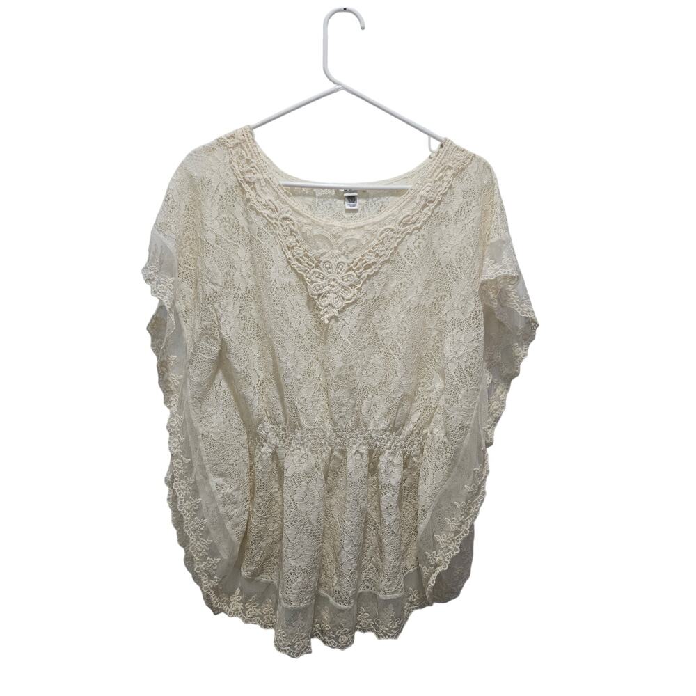 Cato Ivory Lace Smocked Waist Boho Tunic Top Small Cottagecore